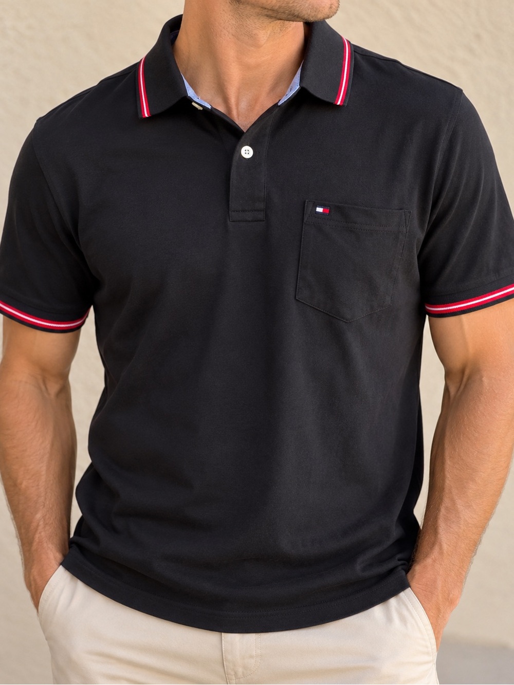 Tommy Hilfiger Black Polo Shirt Men’s Large Red White Trim 100% Cotton